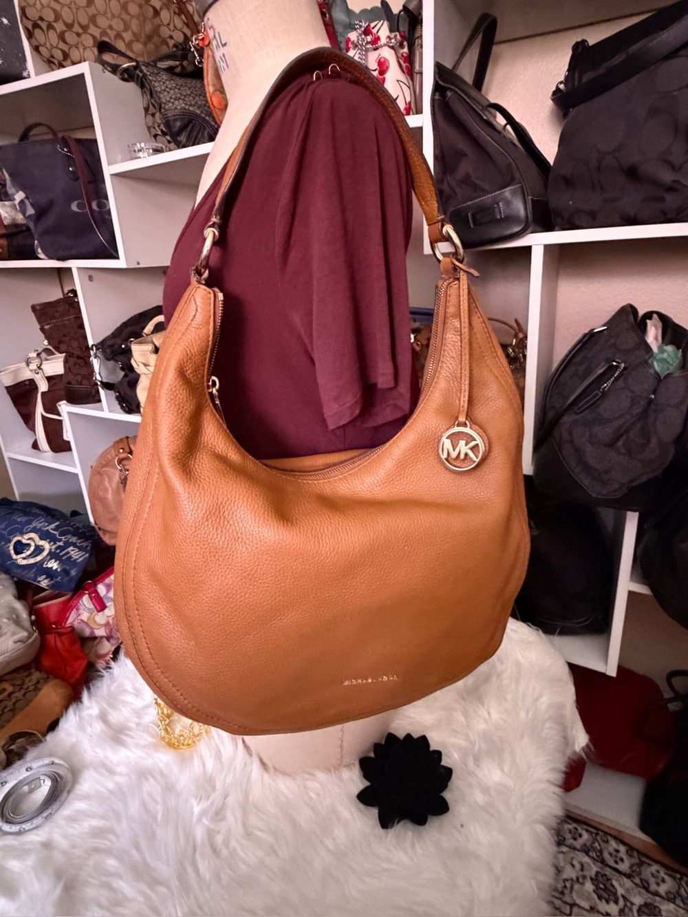 Michael Kors Cognac Leather Shoulder Hobo with MK Charm